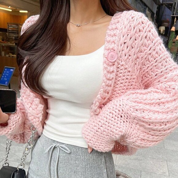 Pink Casual Women's Solid Color Cable Knit Oversized Open Front Cardigan Sweater - Picture 2 of 5
